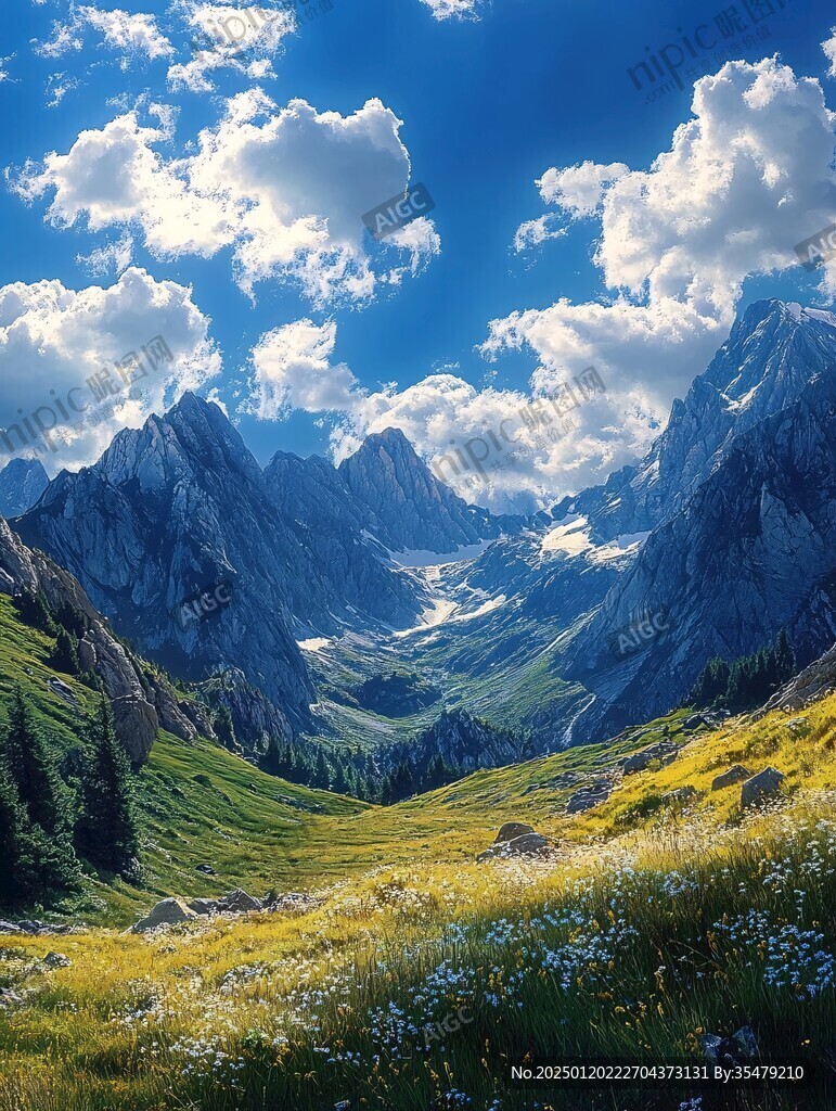 蓝天白云山脉草地背景