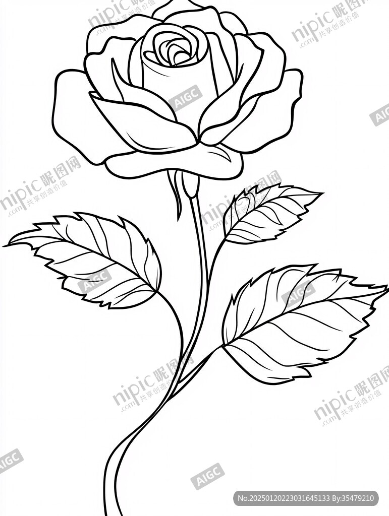 玫瑰花线描白描玫瑰