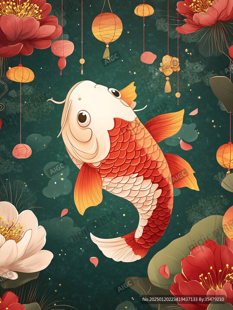 锦鲤鲤鱼新年插画喜庆