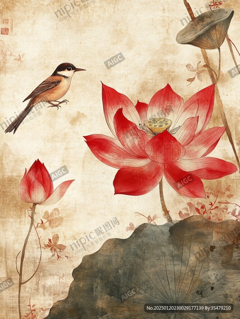 工笔画翠鸟荷花装饰画