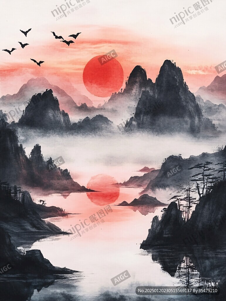 红日水墨山水