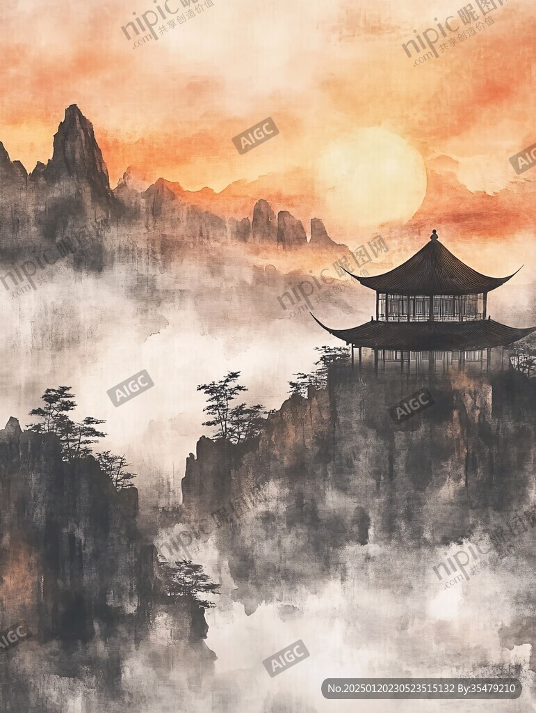 插画横店水彩水墨山水