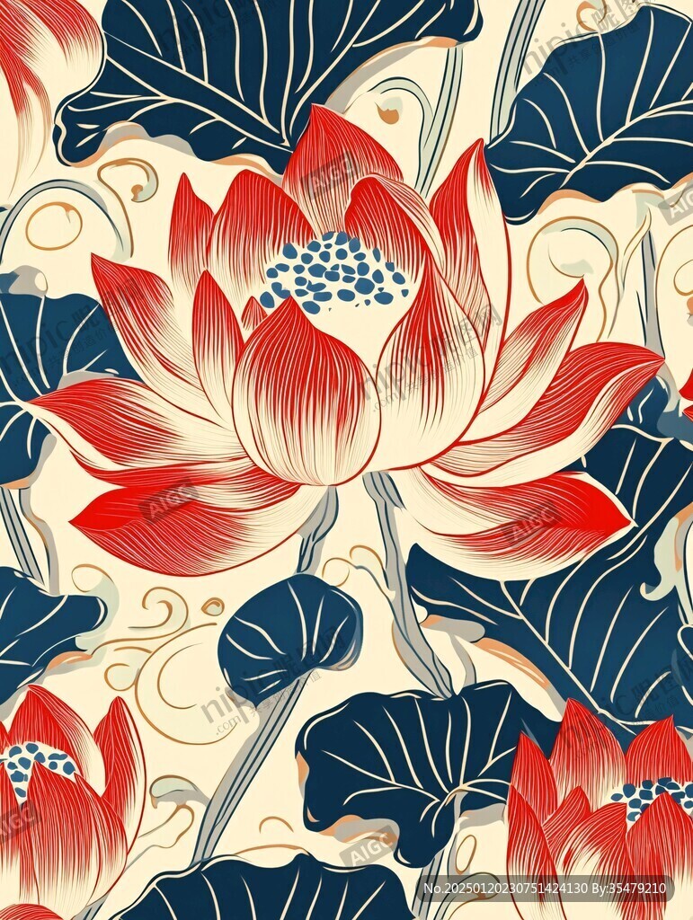 荷花线条布纹