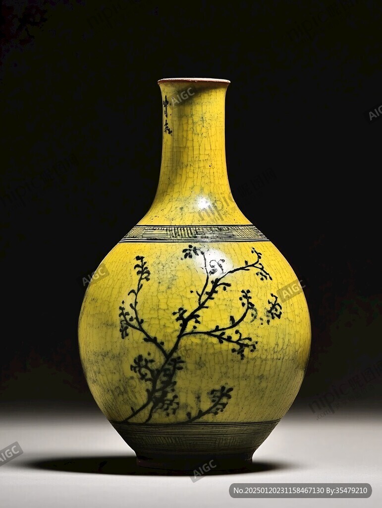 黄釉刻绘梅花瓶