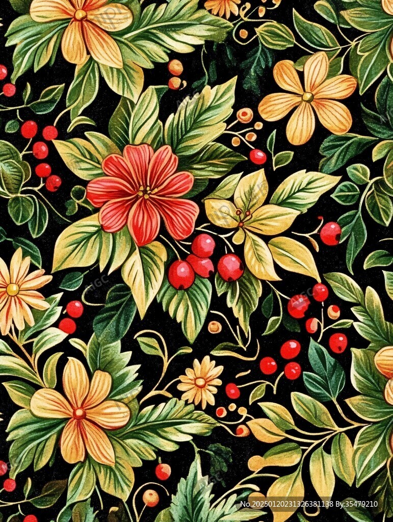 红黄绿植花手绘