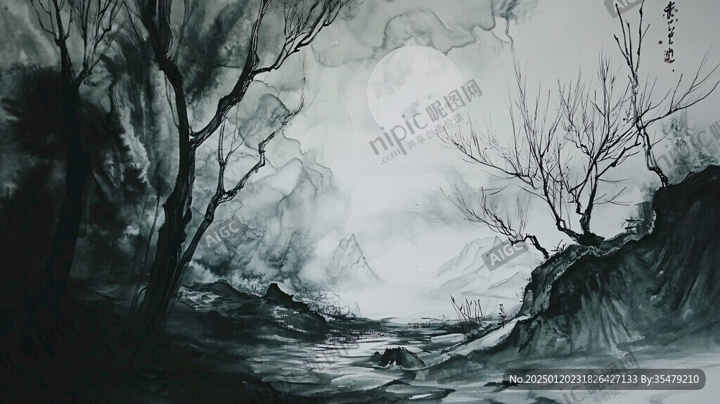 月夜水墨画