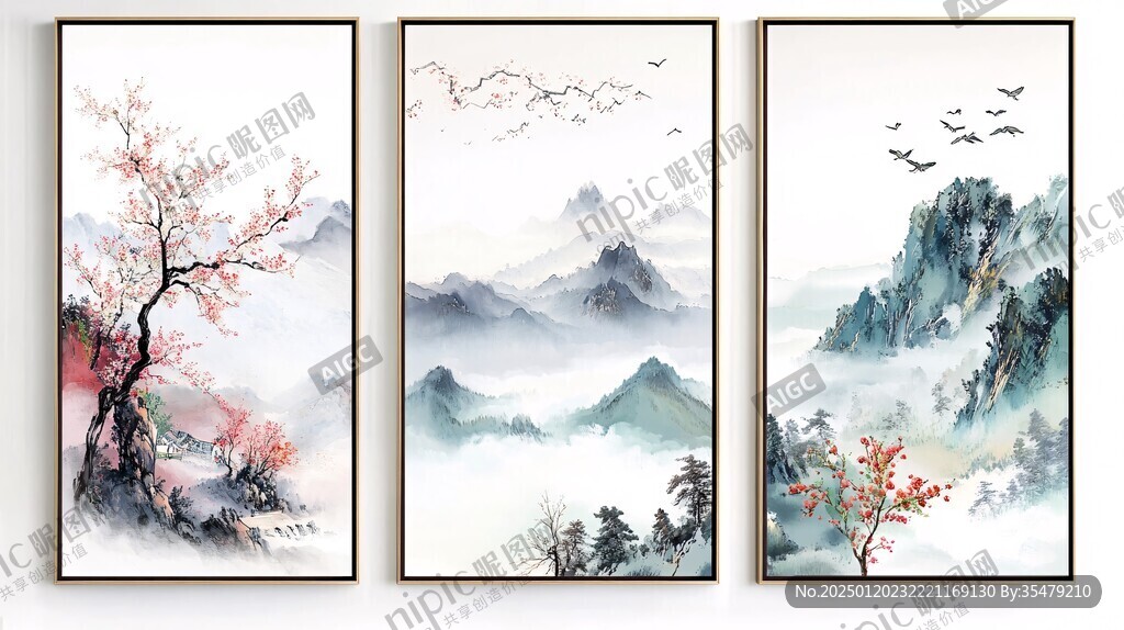 四联装饰画四联水墨画