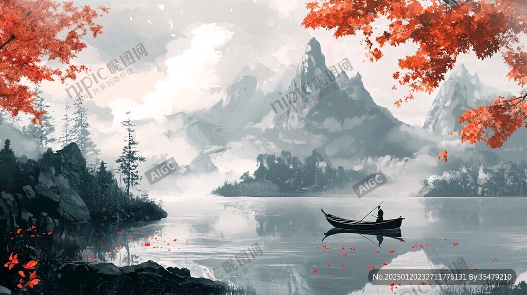 红叶古风山水画