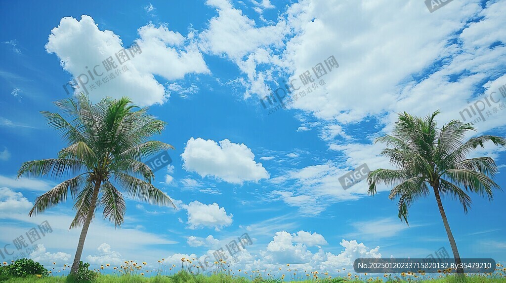 蓝天白云海滨椰树