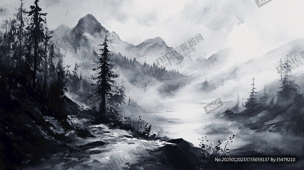 蓝调黑白风景画