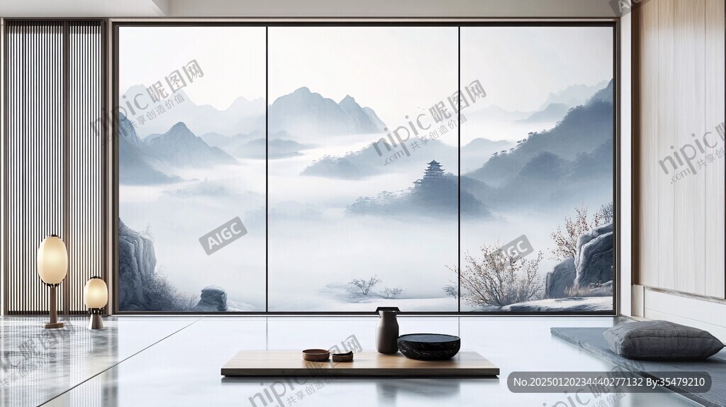 山雾朦胧山水之间屏风