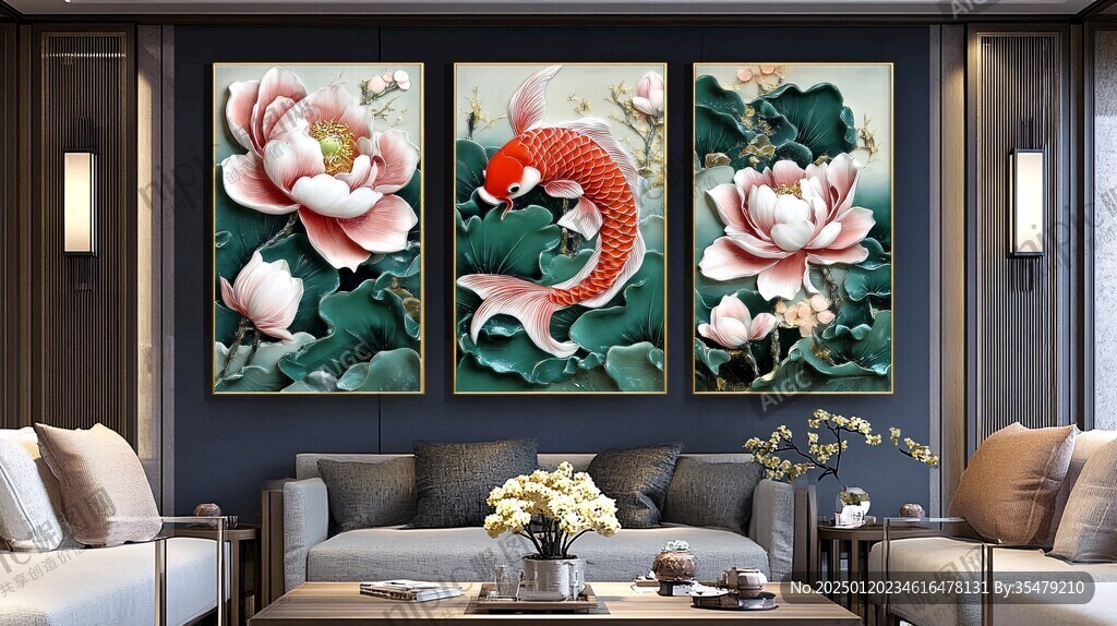 荷花鲤鱼挂画