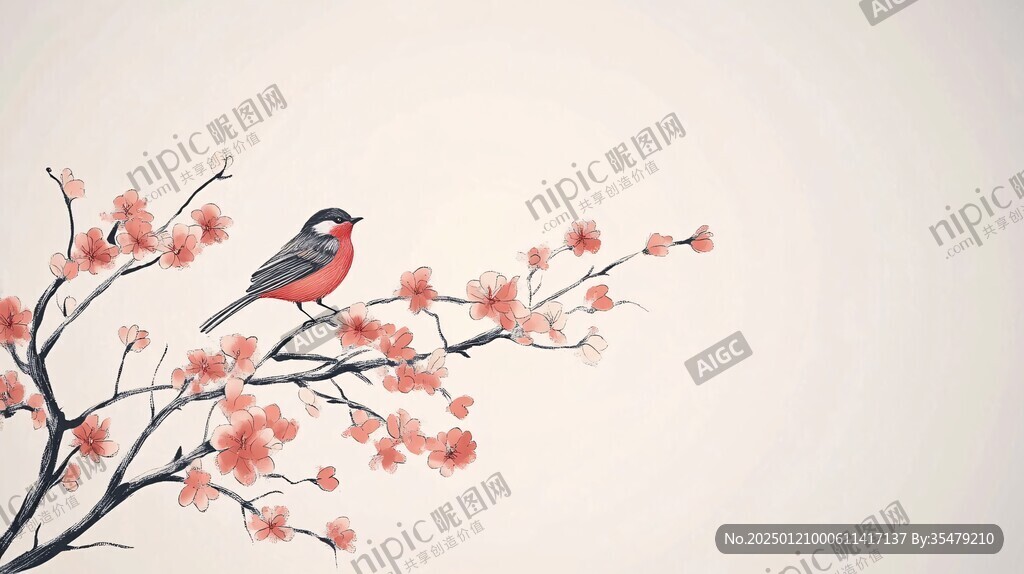 新中式手绘红色花鸟