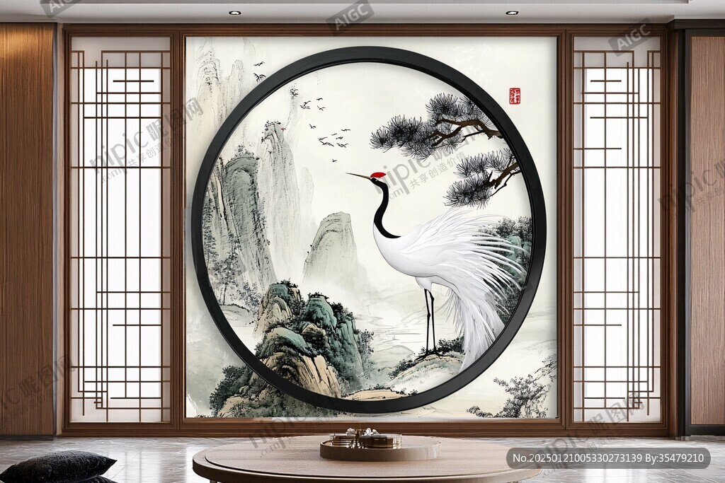 中式迎客松瑞鹤图