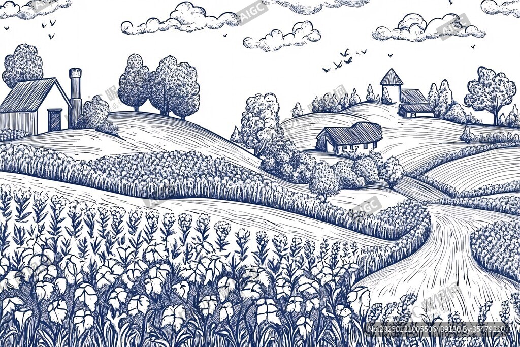 线描乡村场景