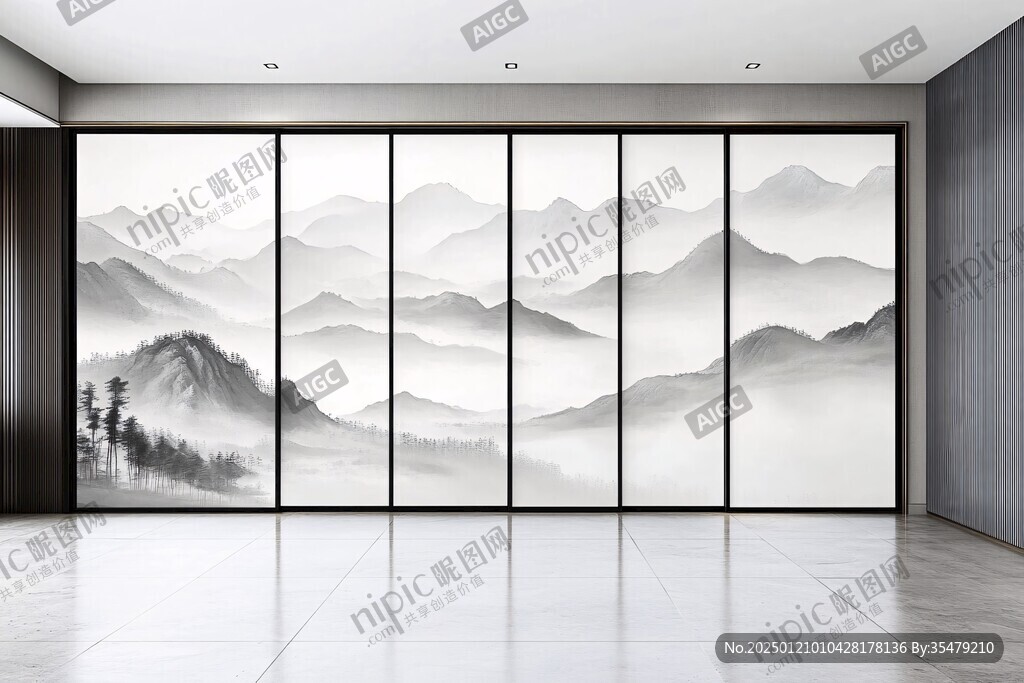 玻璃隔墙山水画屏风