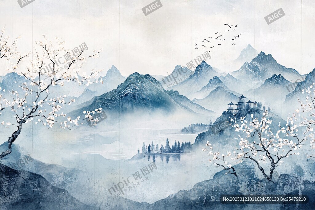 古风山水屏风插画