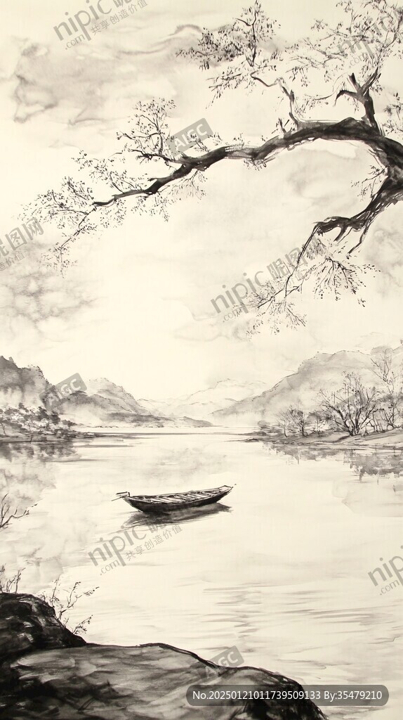 竖版水墨山水画