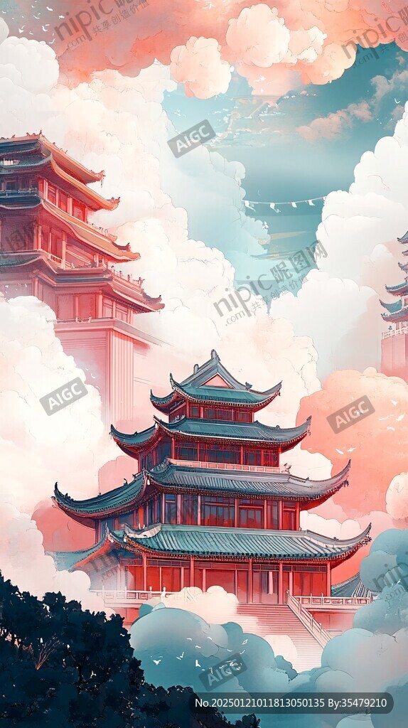 楼阁仙景插画