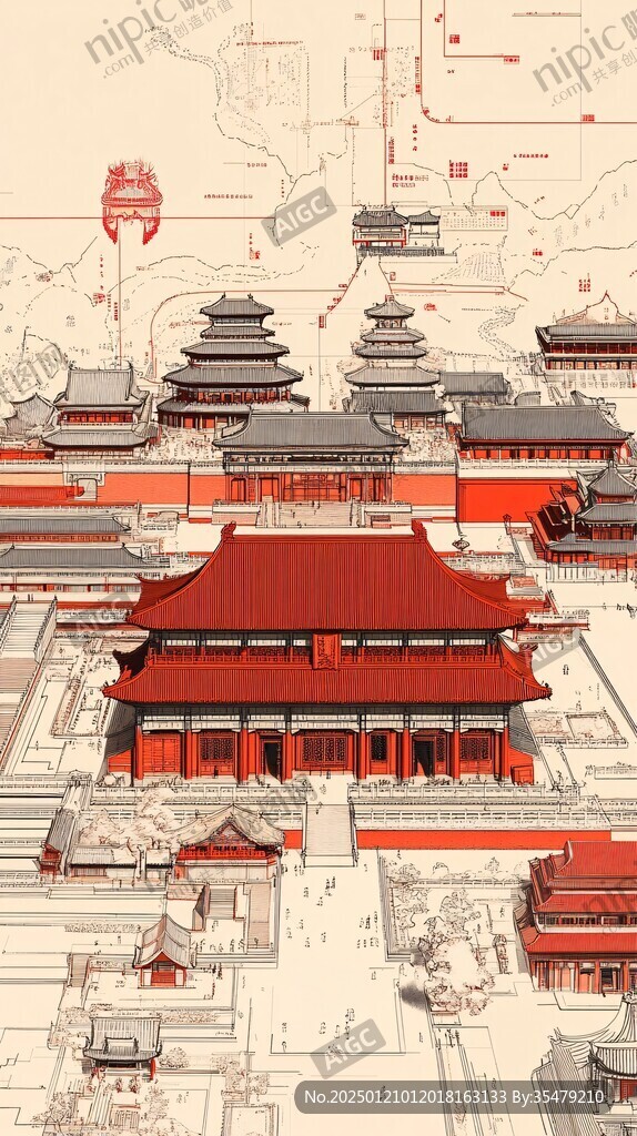 横店旅游线描建筑插画
