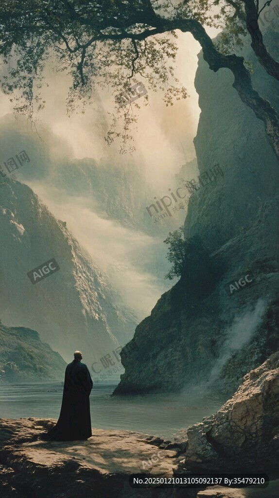 禅境山峰湖泊河流鹿树
