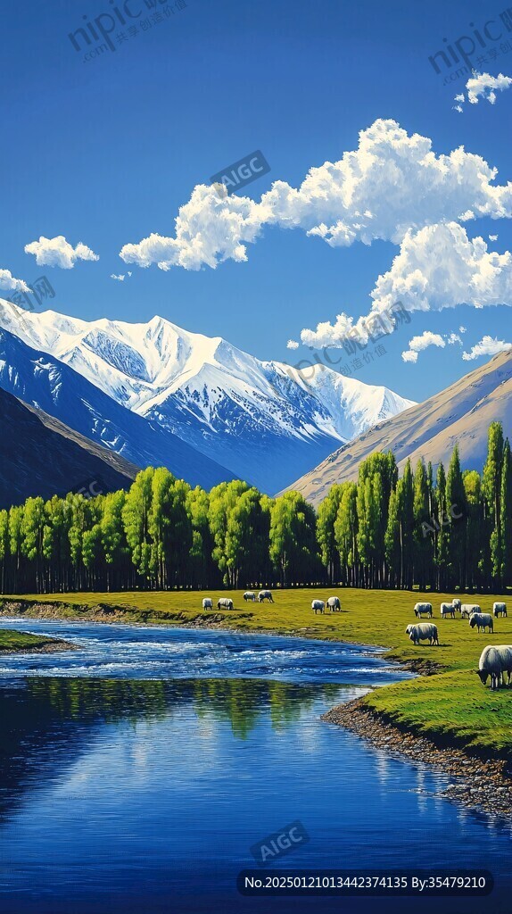 蓝天白云雪山草地湖泊