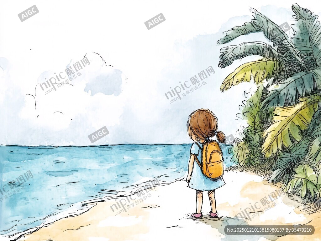 手绘海边散步的小姑娘
