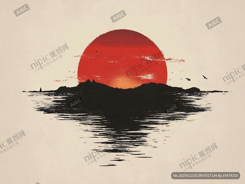 红日水墨山水