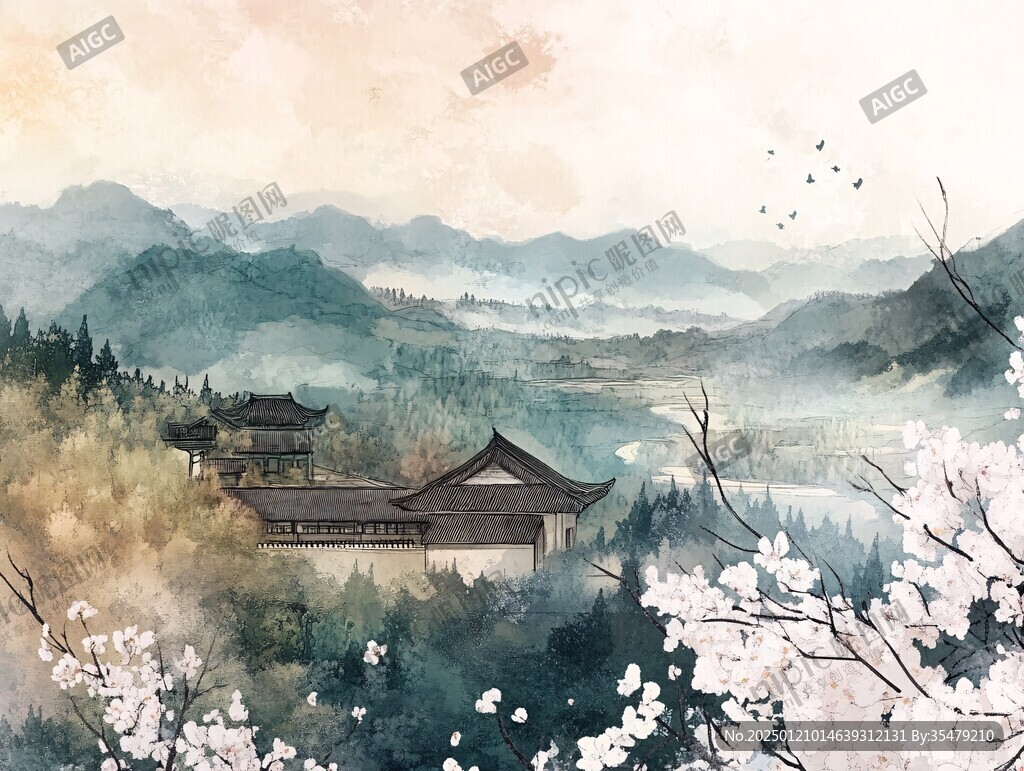 插画横店水彩水墨山水