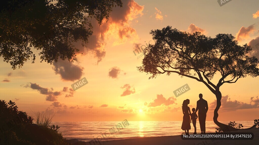 夕阳下一家人
