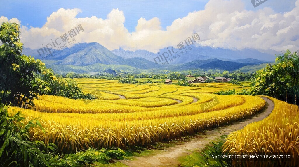 稻田油画背景素材