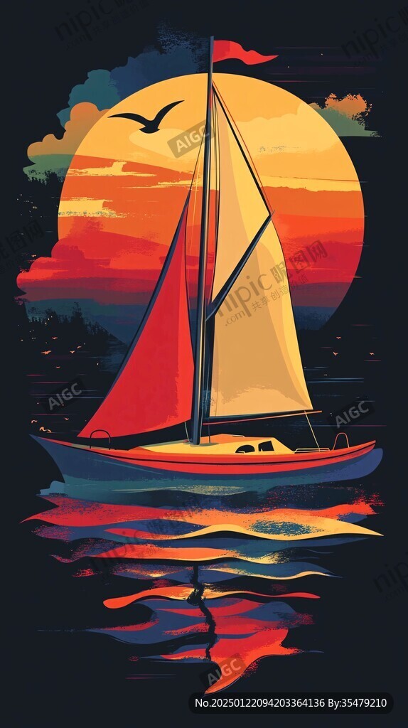 海上落日插画
