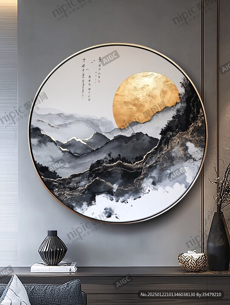 新中式山水圆行装饰画