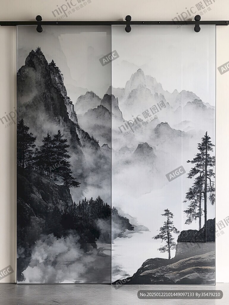 中式山川意境墙纸窗帘