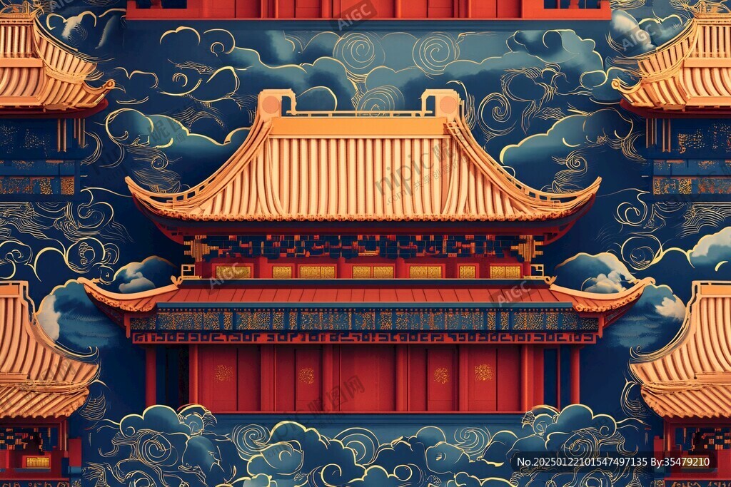 故宫阁楼栅格插画