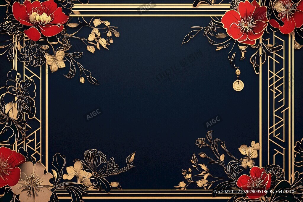 轻奢金色牡丹花线条