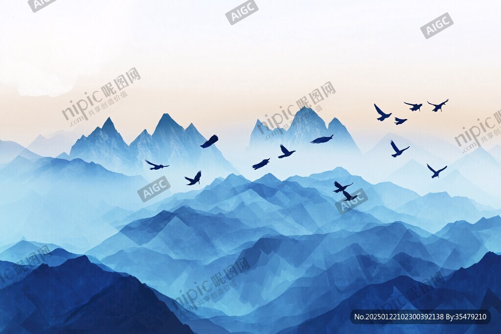 山峰群山仙鹤飞鸟