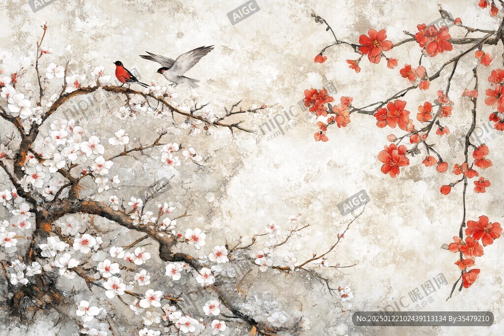 手绘水彩梅花花鸟壁画