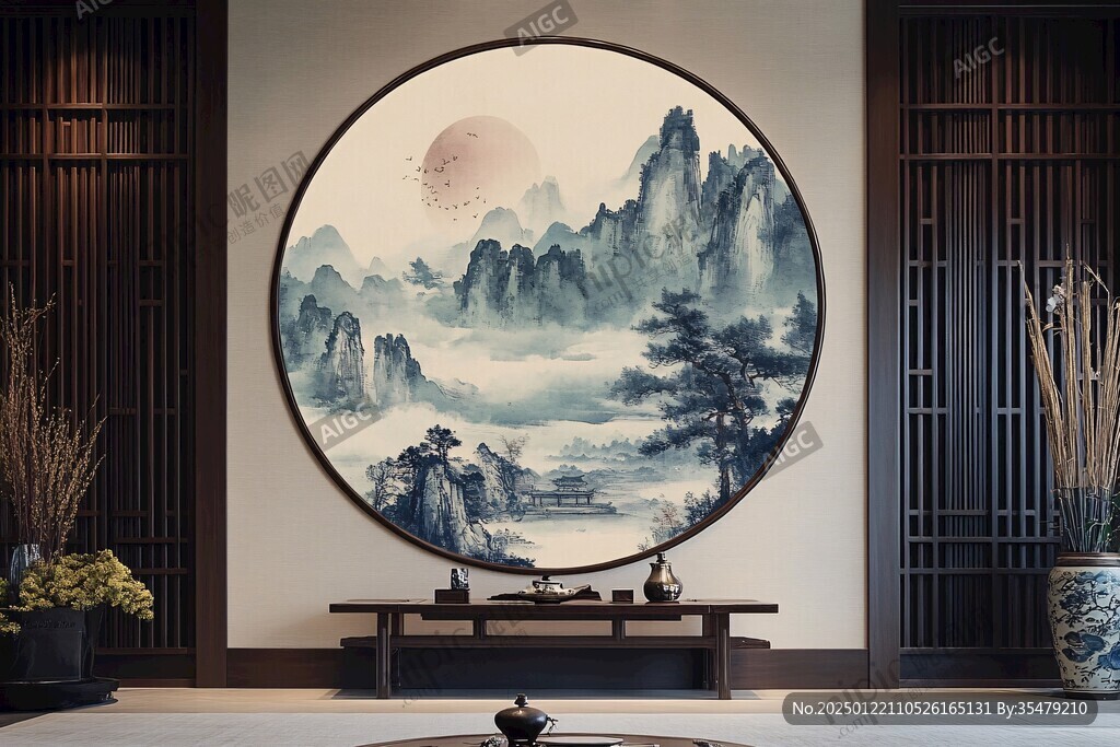 禅意山水圆形挂画框画