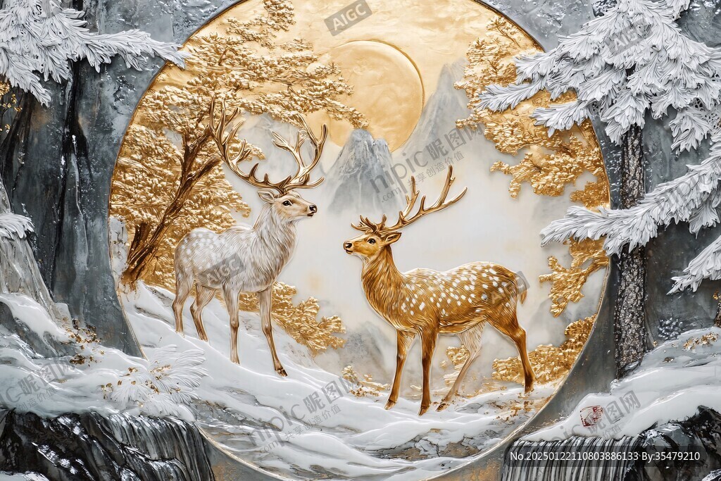 立体山水麋鹿圆框画