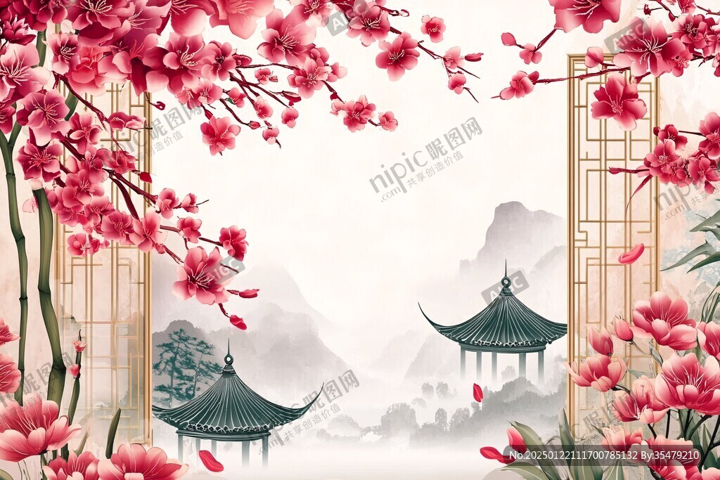 中式梅花阁楼背景