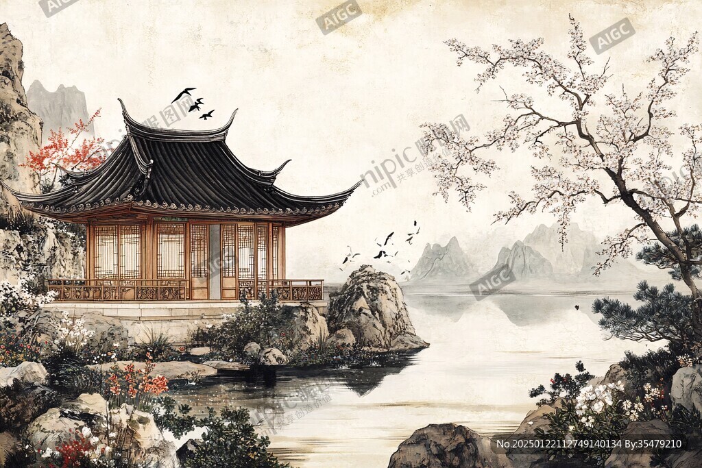 楼阁建筑仙鹤背景墙