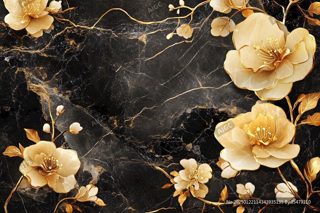 轻奢金色牡丹花线条