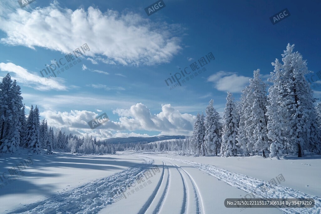 蓝天白云冬季森林雪原