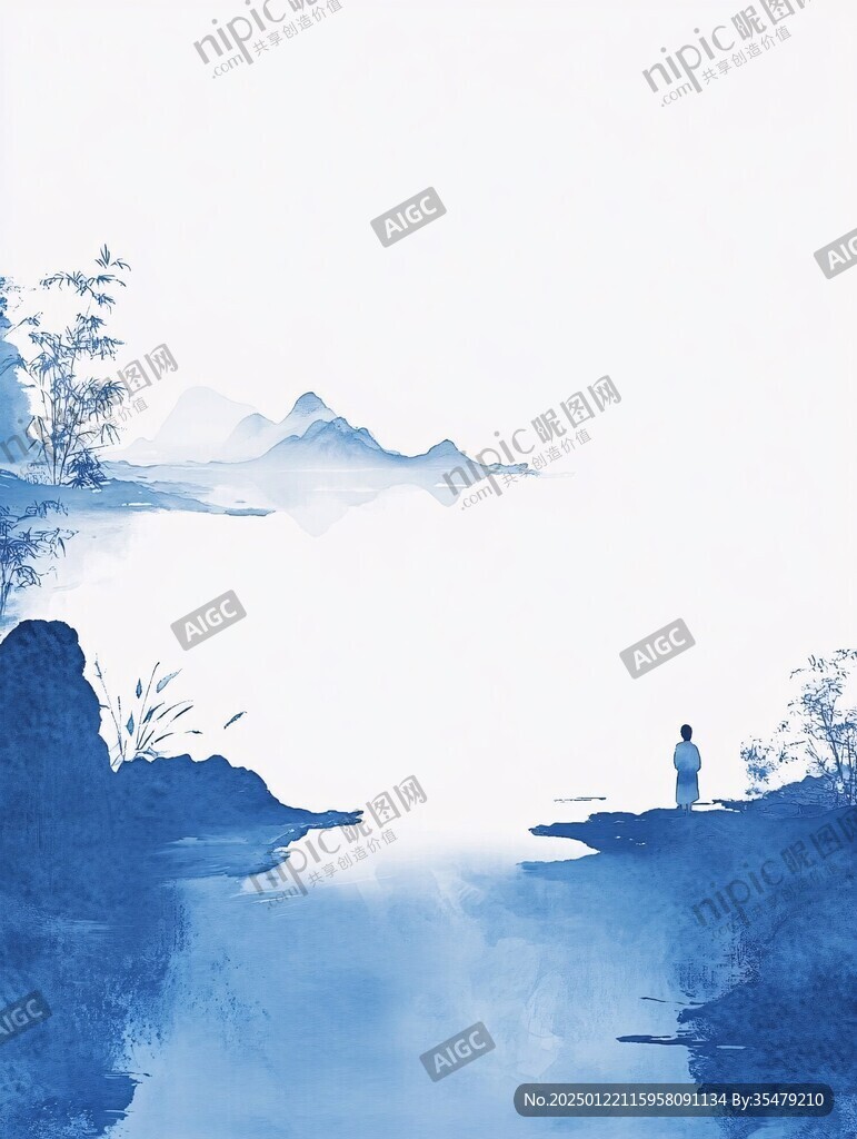 蓝色风格水墨风光