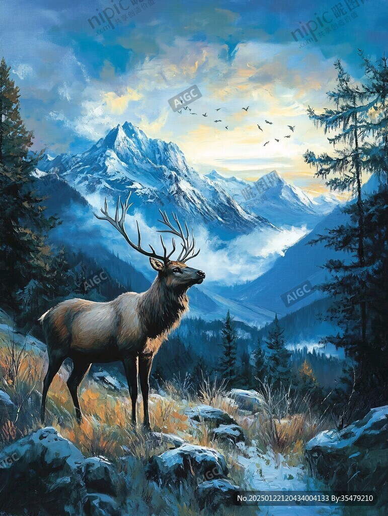 麋鹿风景油画