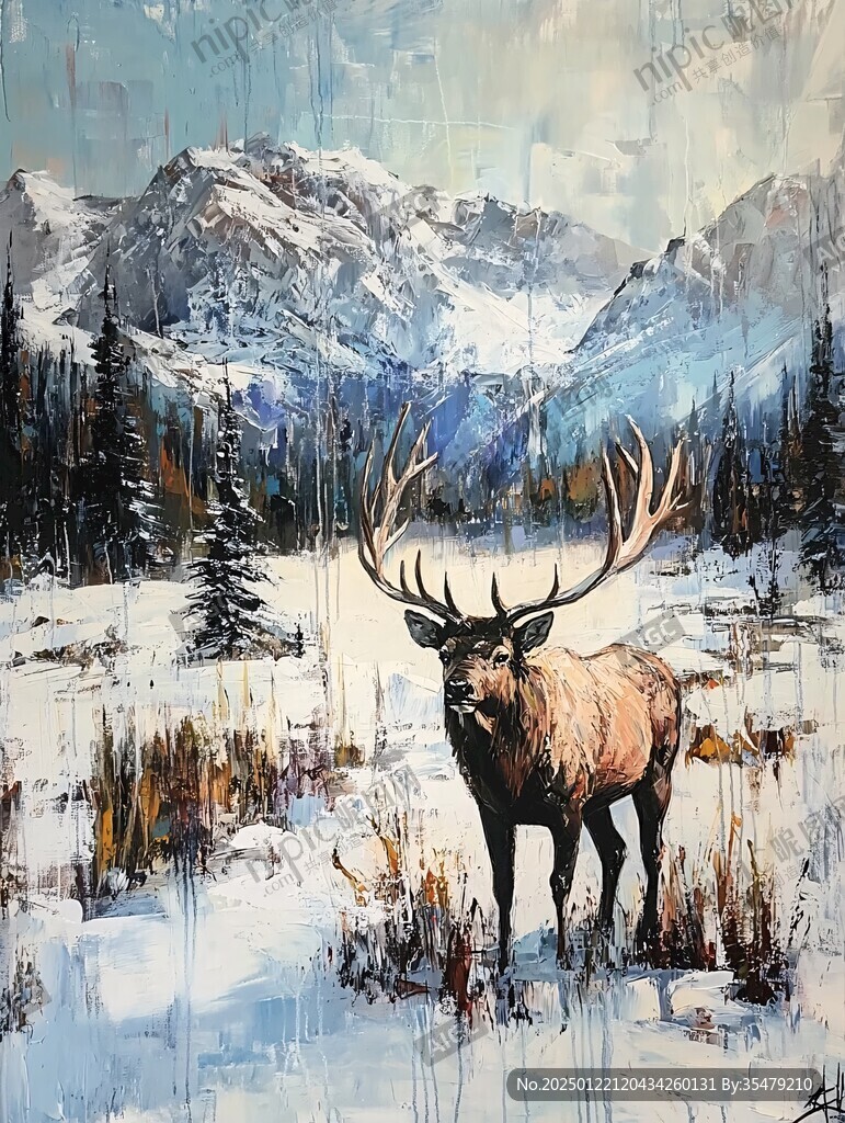 麋鹿风景油画