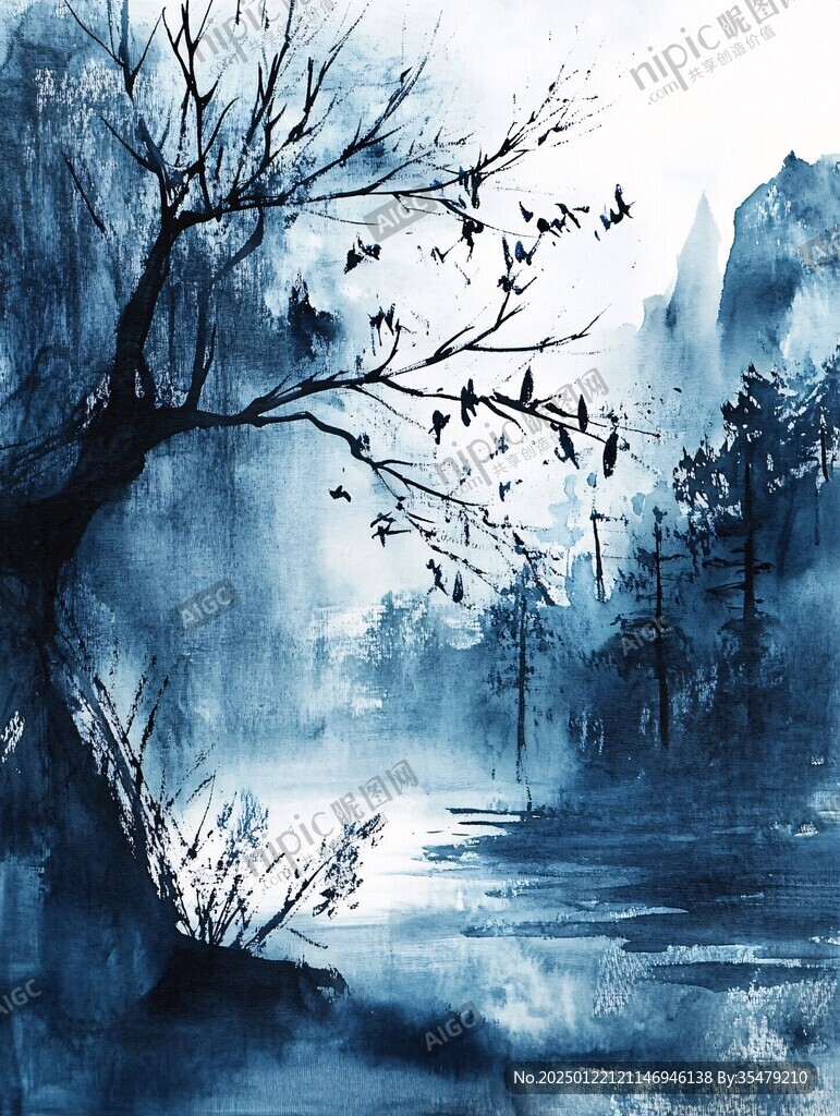 蓝色风格水墨风光