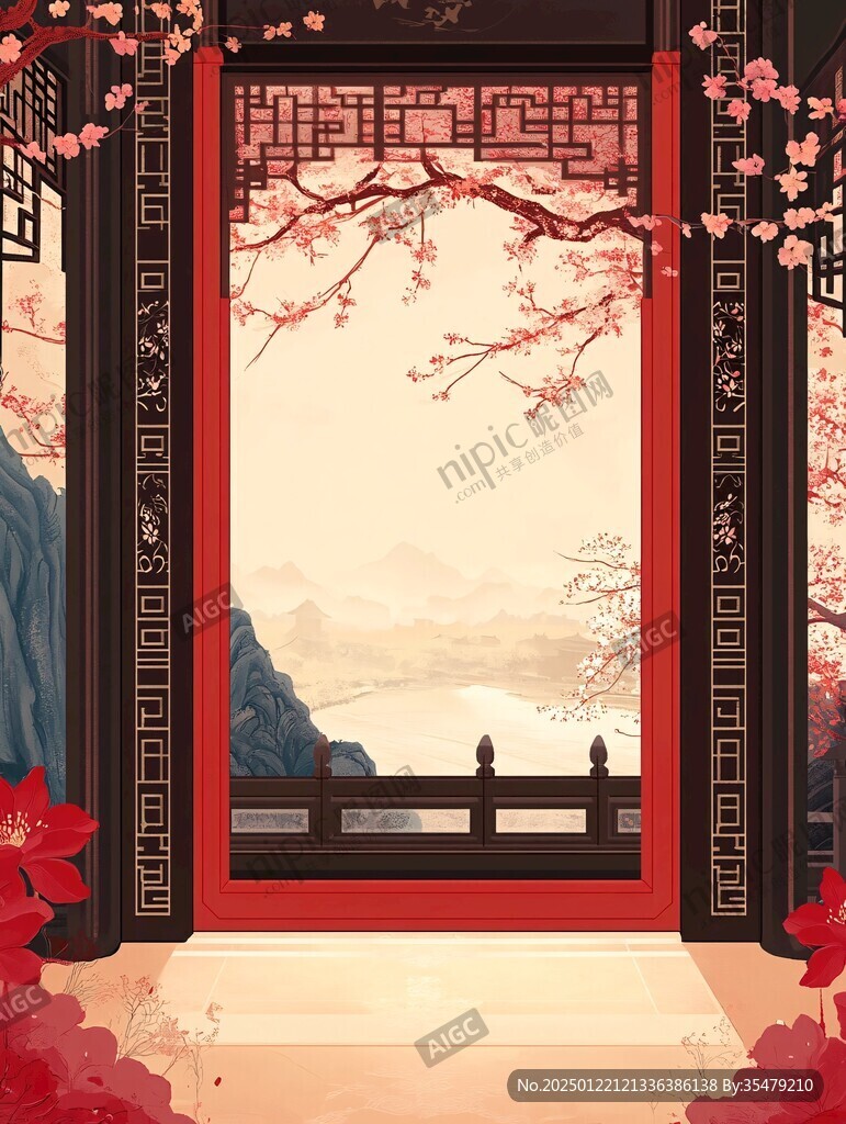 中式窗景插画