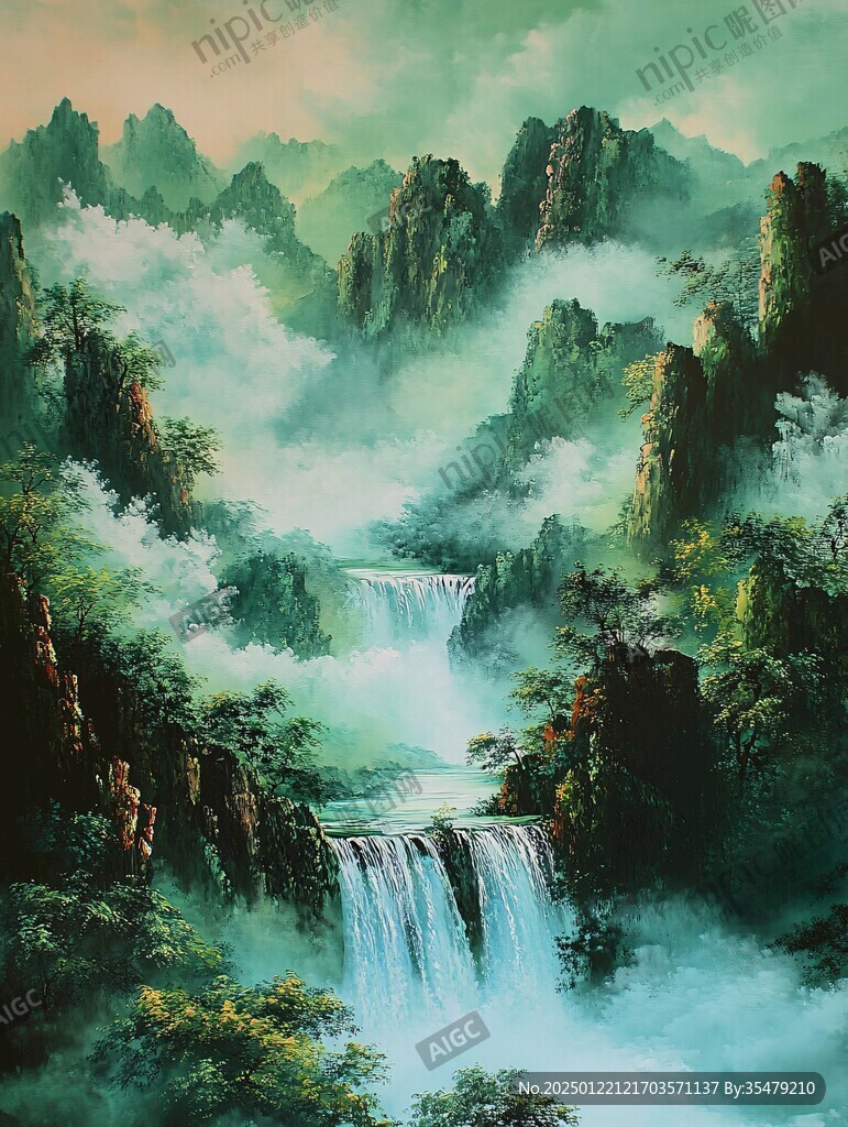 山水风景油画瀑布